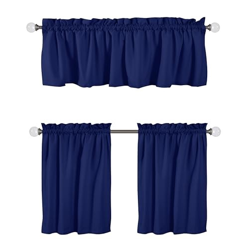 3 Pieces Window Curtain Tiers and Valance Set- 100% Cotton Half Indigo Blue