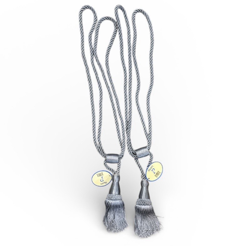 Vintage Large Window Curtain Tiebacks Silver Gray Tassel Rope Pair 24” 6” NWT