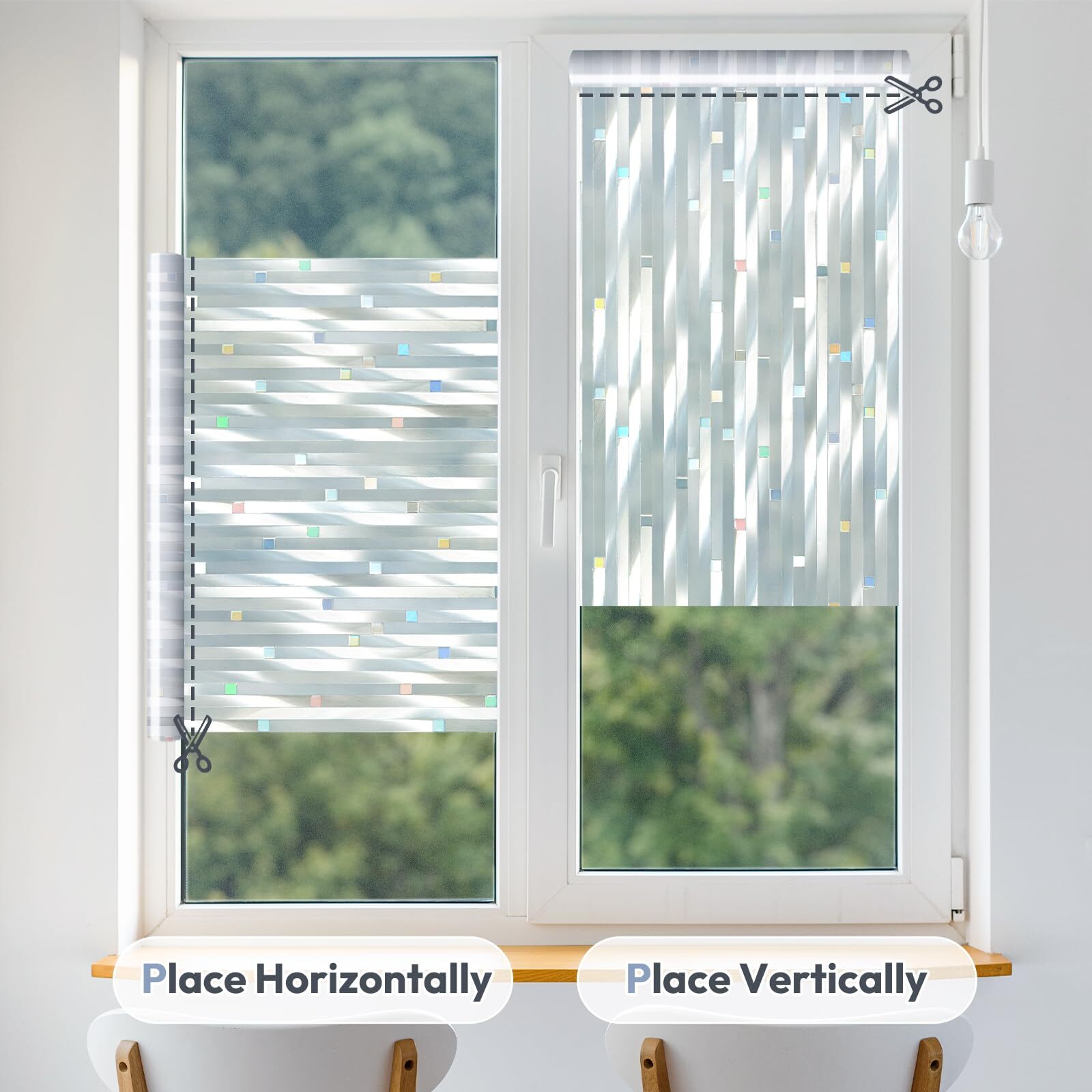 rabbitgoo Window Film Striped with Rainbow Square Static Cling Glass Covering