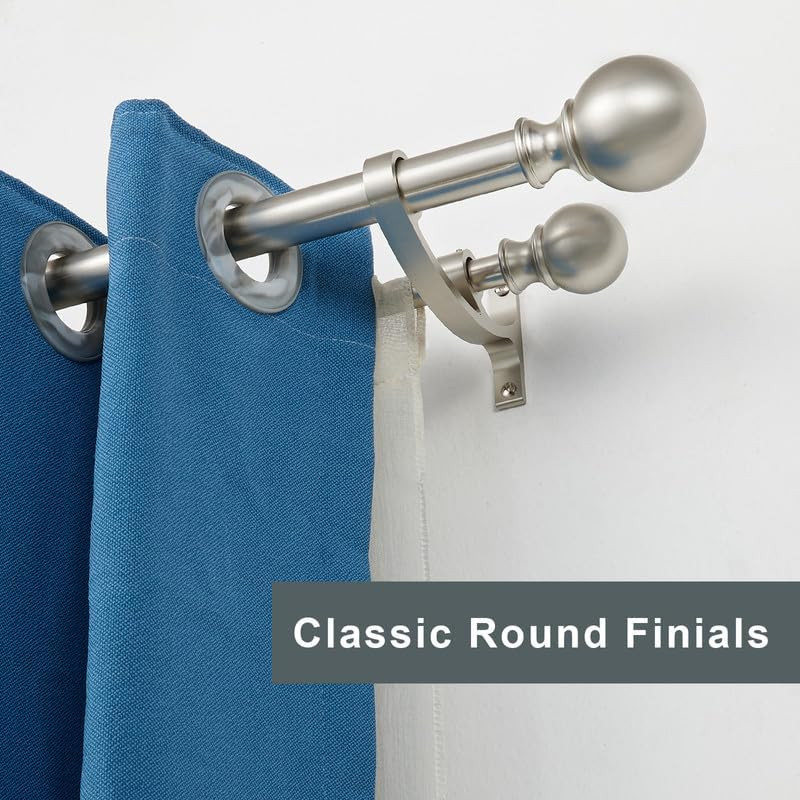 Brushed Nickel Double Curtain Rods – Adjustable 144-164 Inch Rods with round Fin