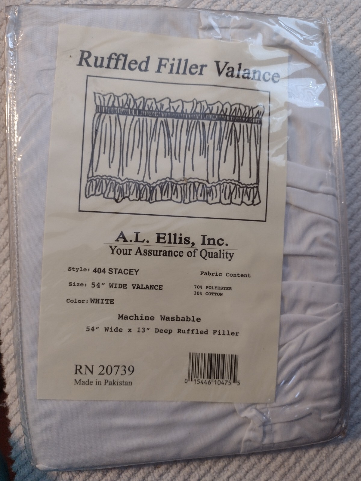 A.L. Ellis Inc Ruffled Filler Valance 54”x13” White 404 Stacey NEW