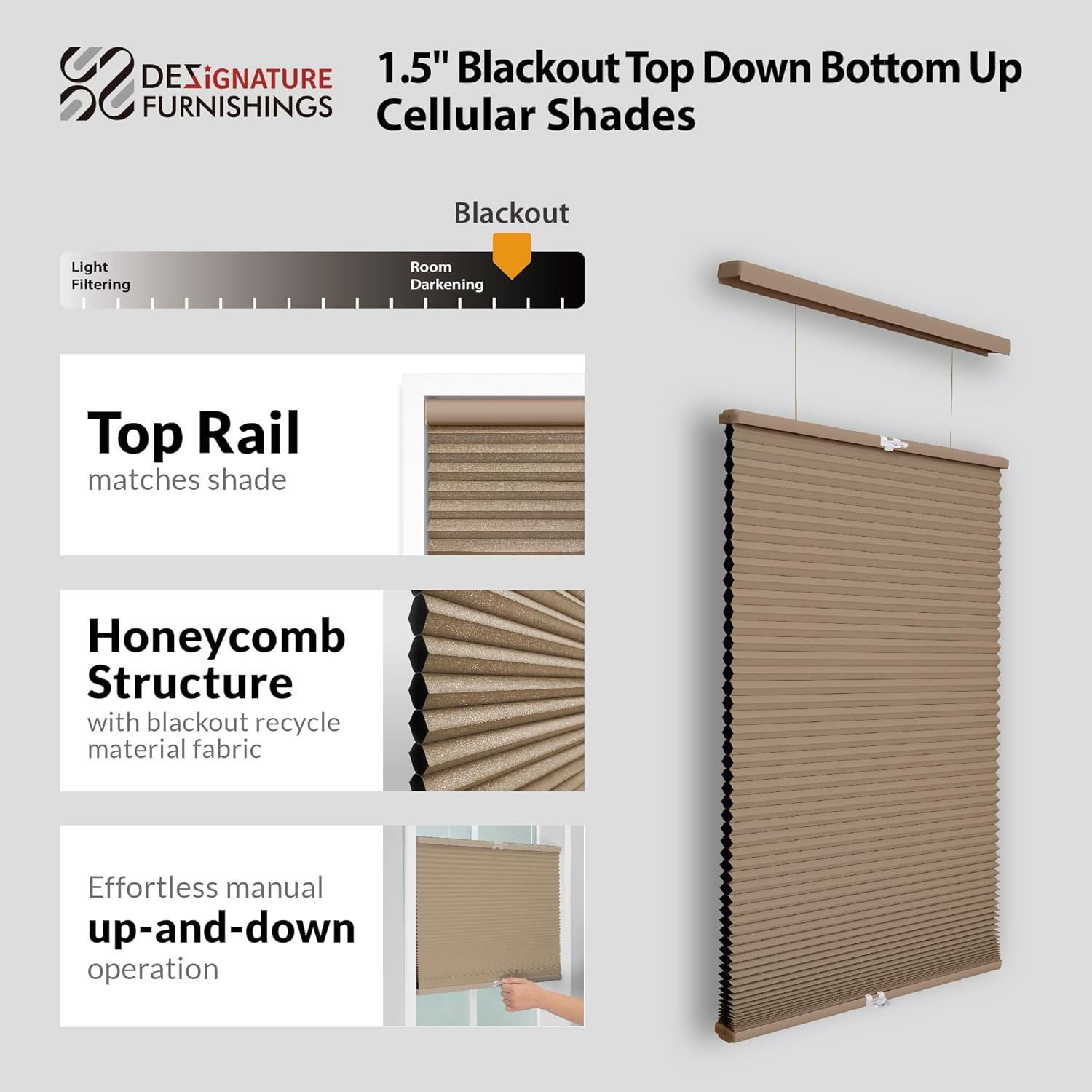 Cordless 1.5″ Blackout Cellular Shade, Top Down Bottom Up, Latte, 69″ x 72
