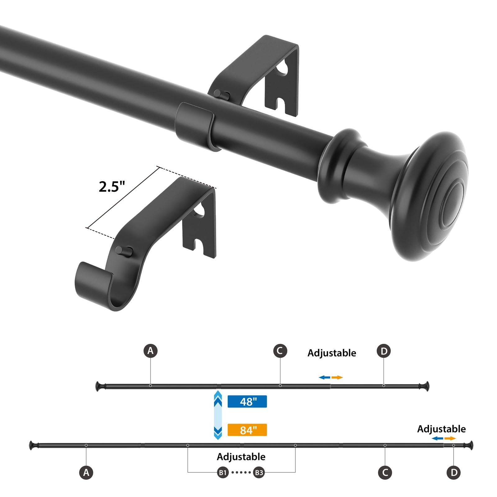Black 3/4 In 2848 In Heavy Duty Wall Mounted Adjustable Window Curtain Rod