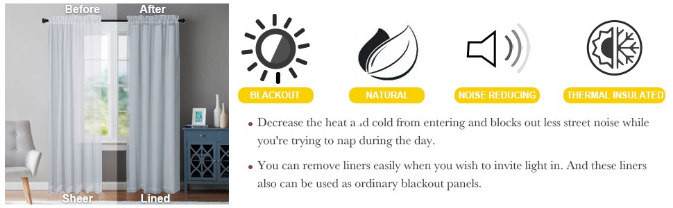 White Blackout Curtain Liners for Window – Noise Reducing Light Blocking Liner