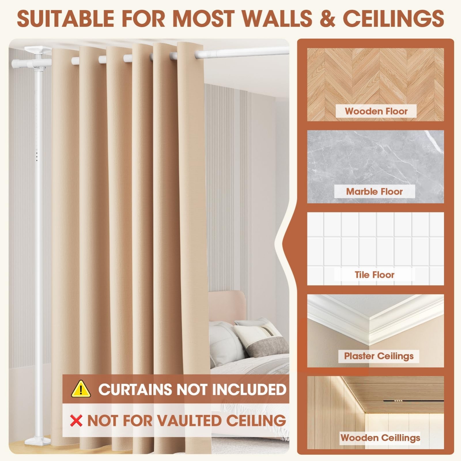 Adjustable Room Divider Curtain Rod – No Drill Wall Partition, 4-10ft Height, 28