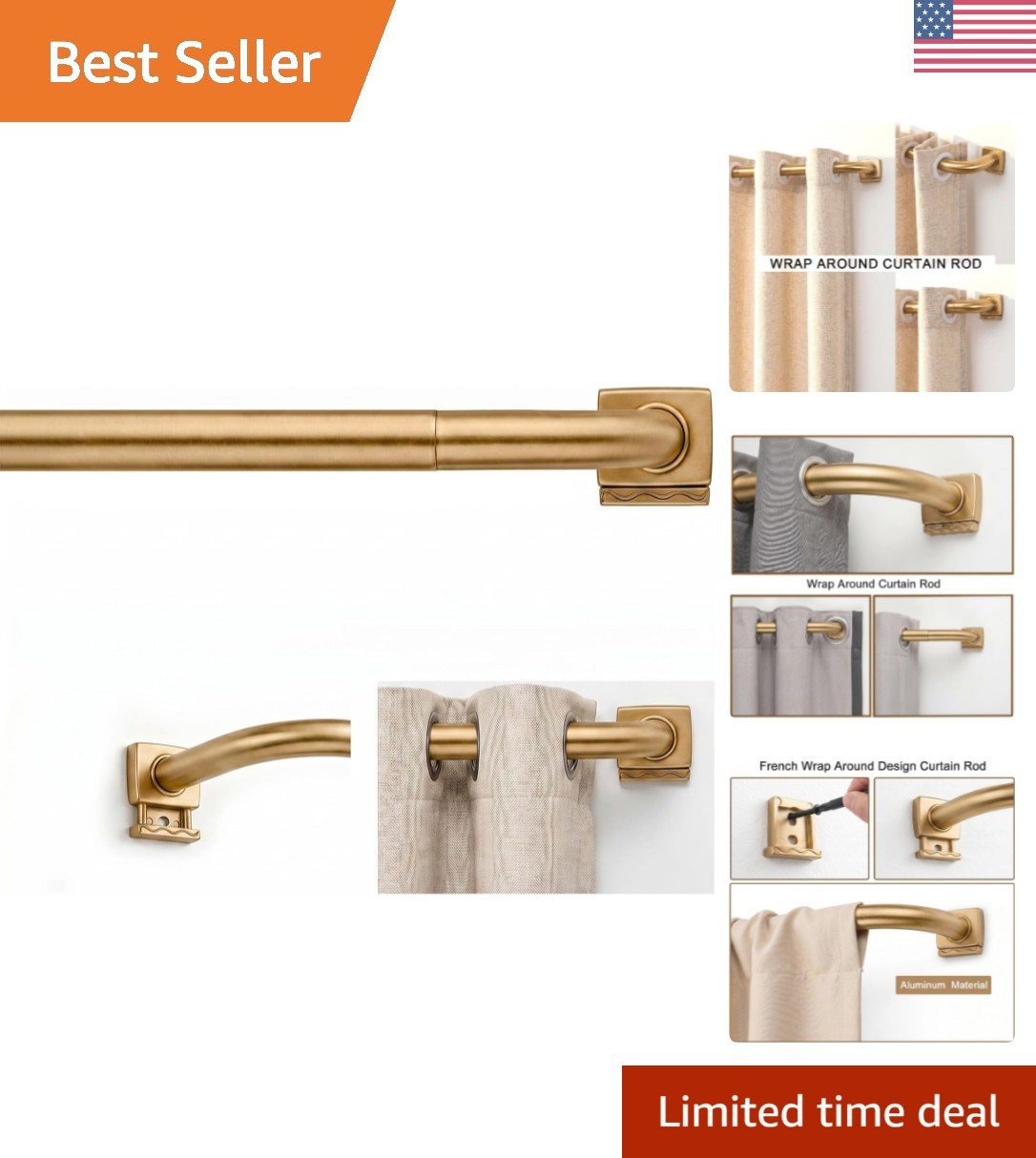 Versatile 30-90 Inch Gold Adjustable Curtain Rod: Durable Metal Drapery Solution