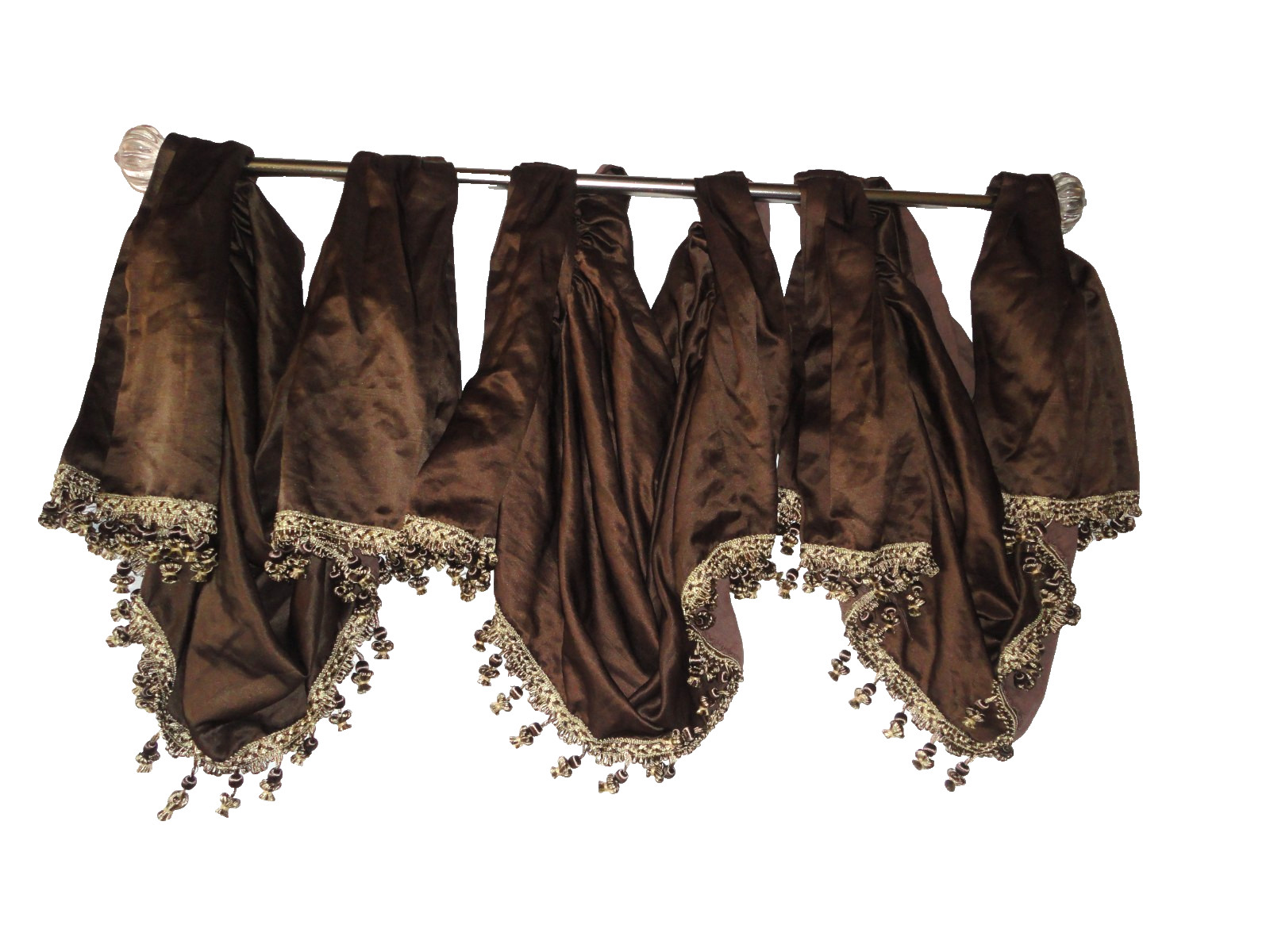CHRIS MADDEN DARK BROWN SATIN WATERFALL SWAG (1) VALANCE 30 X 32 BALL FRINGE