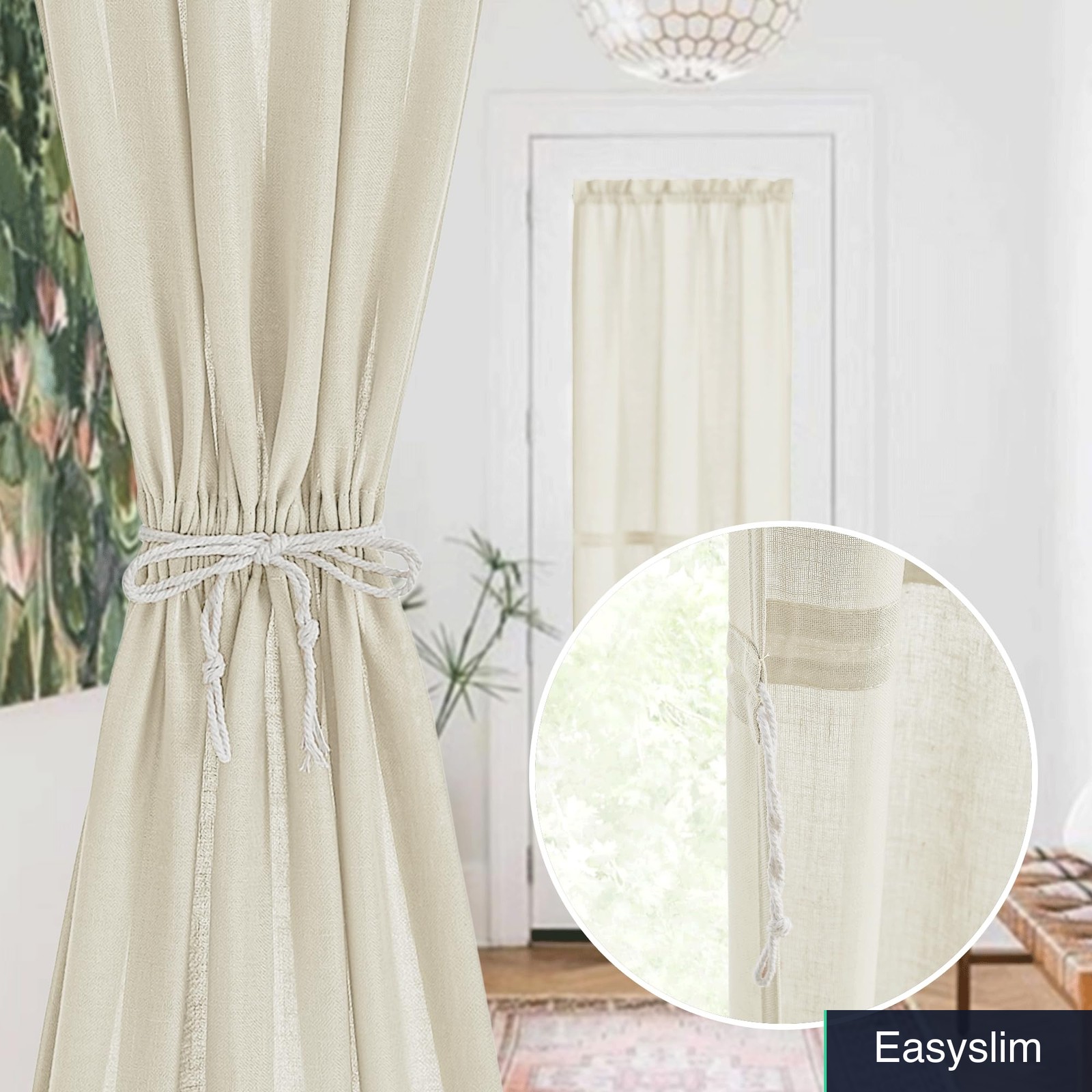 Linen French Door Curtain with Drawstring Tieback, 26″W x 80″L Rod Pocket
