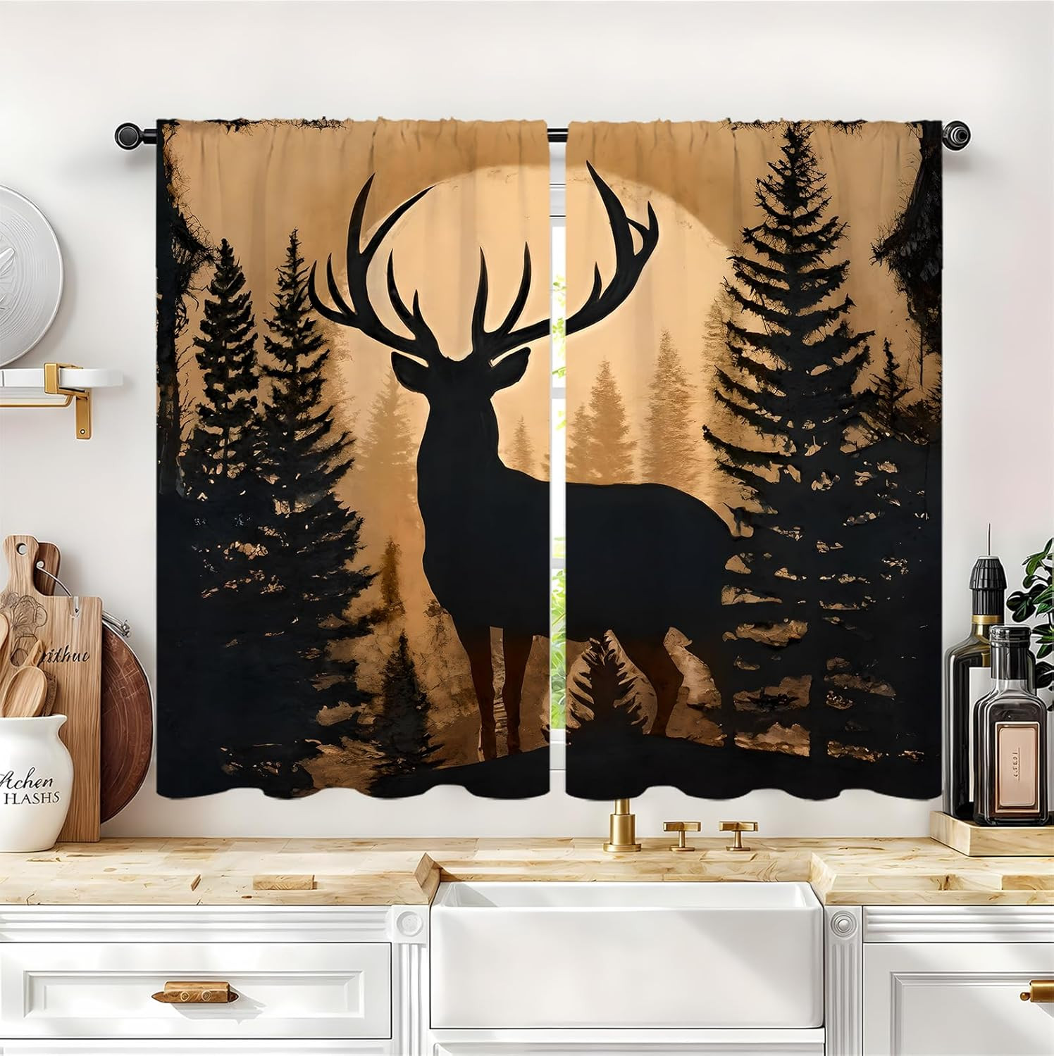 Forest Theme Rustic Deer Pine Kitchen Curtains Country Vintage Retro Cabin Lodge