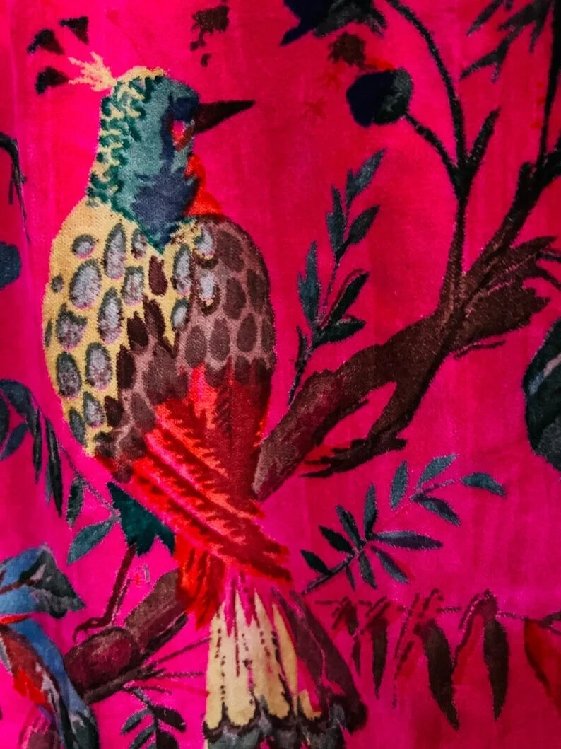 Vintage Cotton Velvet Hot Pink Bird Print Luxury Curtain, Boho Curtain Drapes