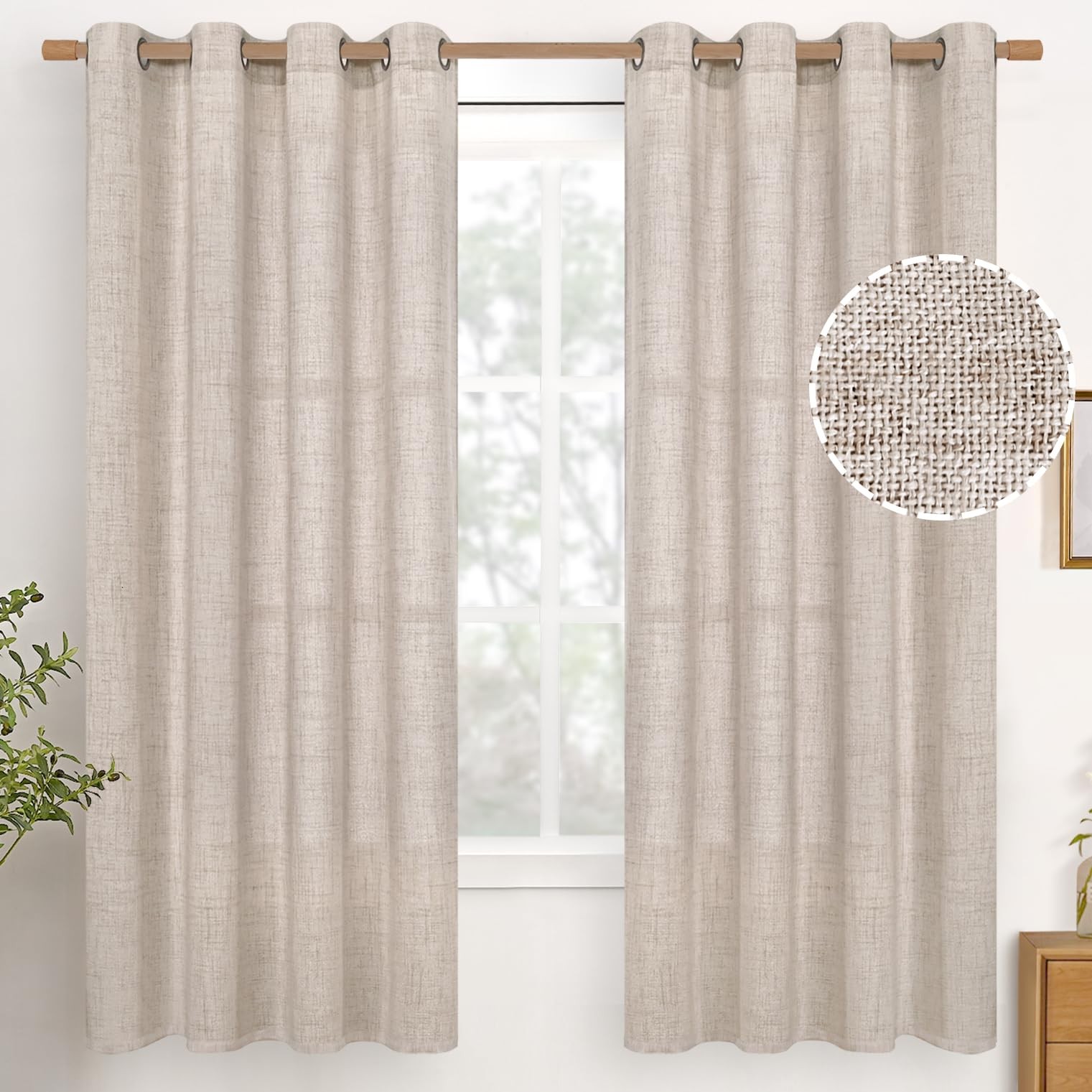 68 Inch Length Linen Semi Sheer Curtains 2 Panels for Living Room, Light Filt…