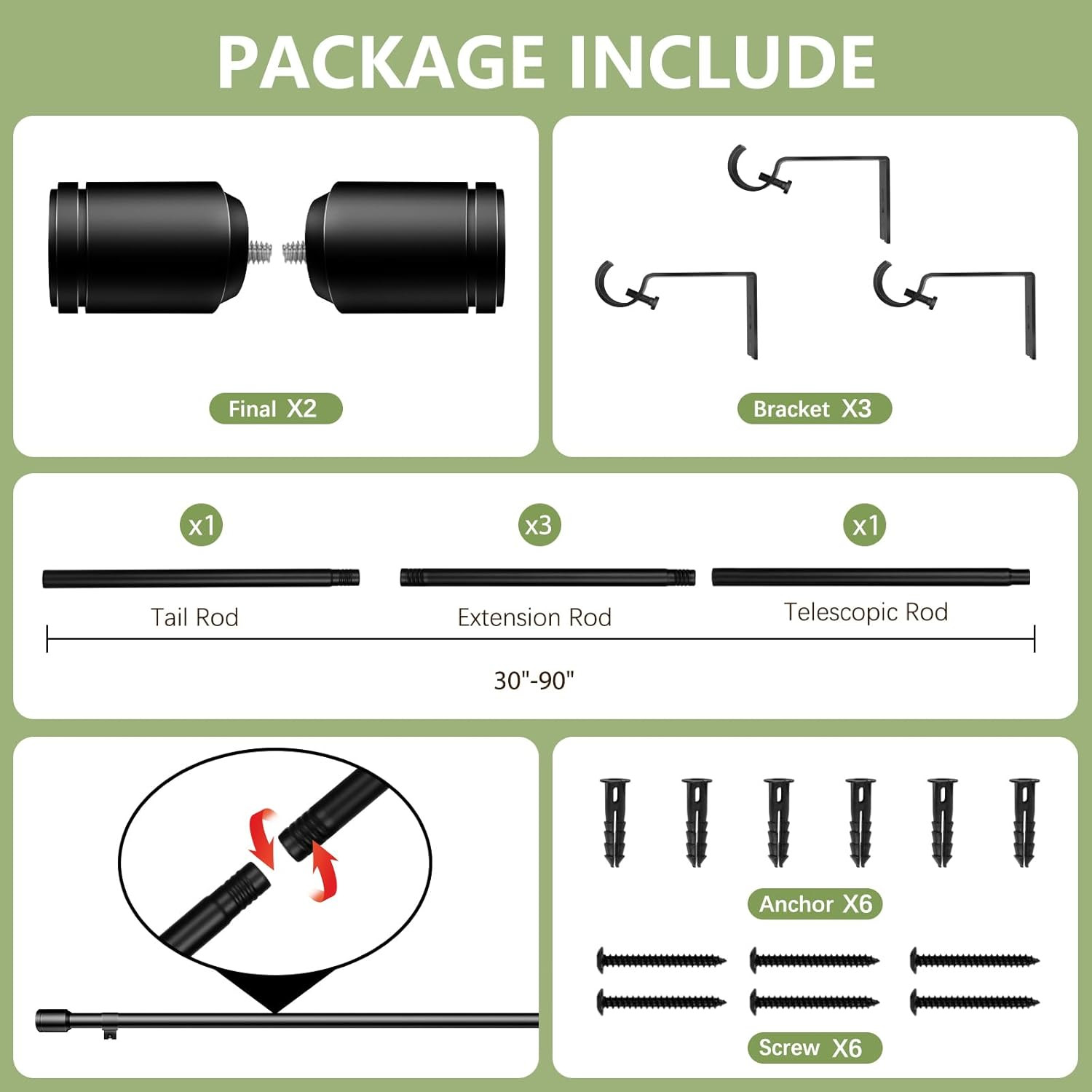 5/8” Diameter Curtain Rods 30-90″ 1 Pack Windows Adjustable Splicing Curtain Rod