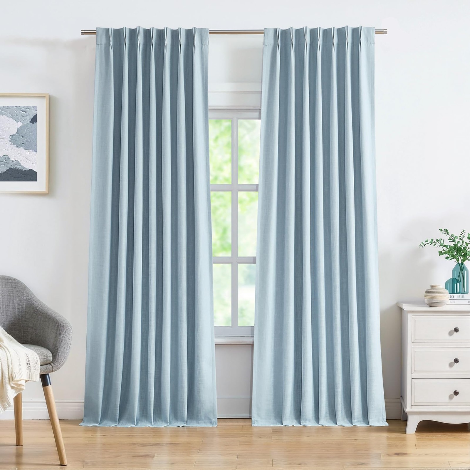 Central Park Dusty Blue Pinch Pleated Full Blackout Curtains Linen Texture