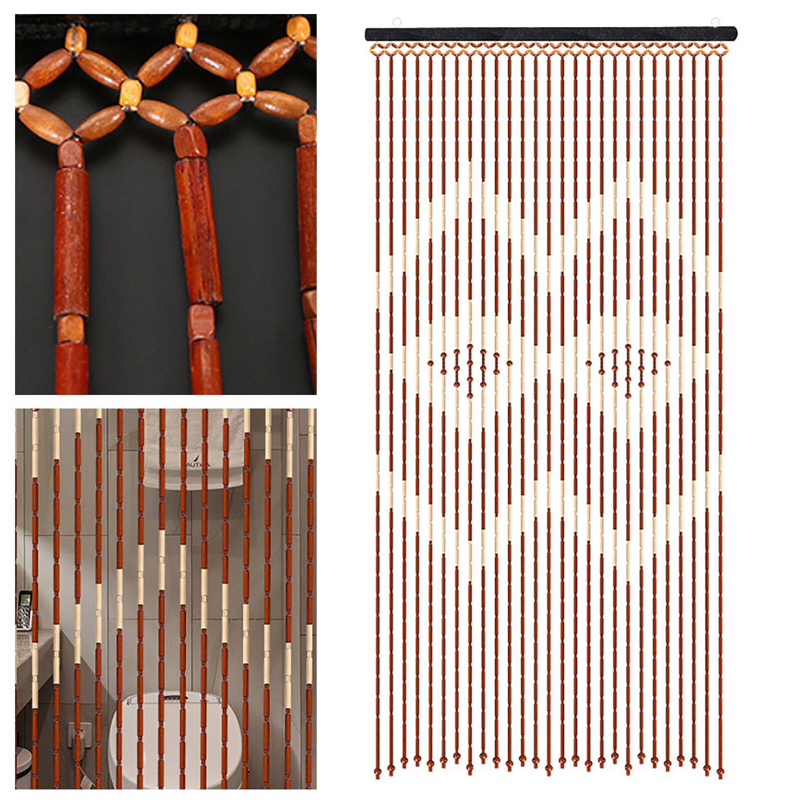 Vintage Boho Hippie Style Beaded Doorway Curtain, Wood Beads, 27 strand NEW