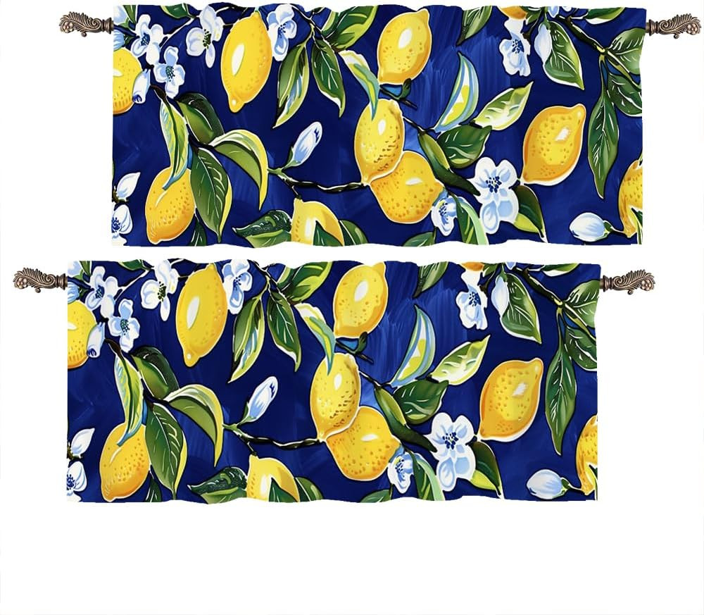 2 Panel Blue Floral Yellow Lemon Window Valances, Nature Food Fruit Window Treat