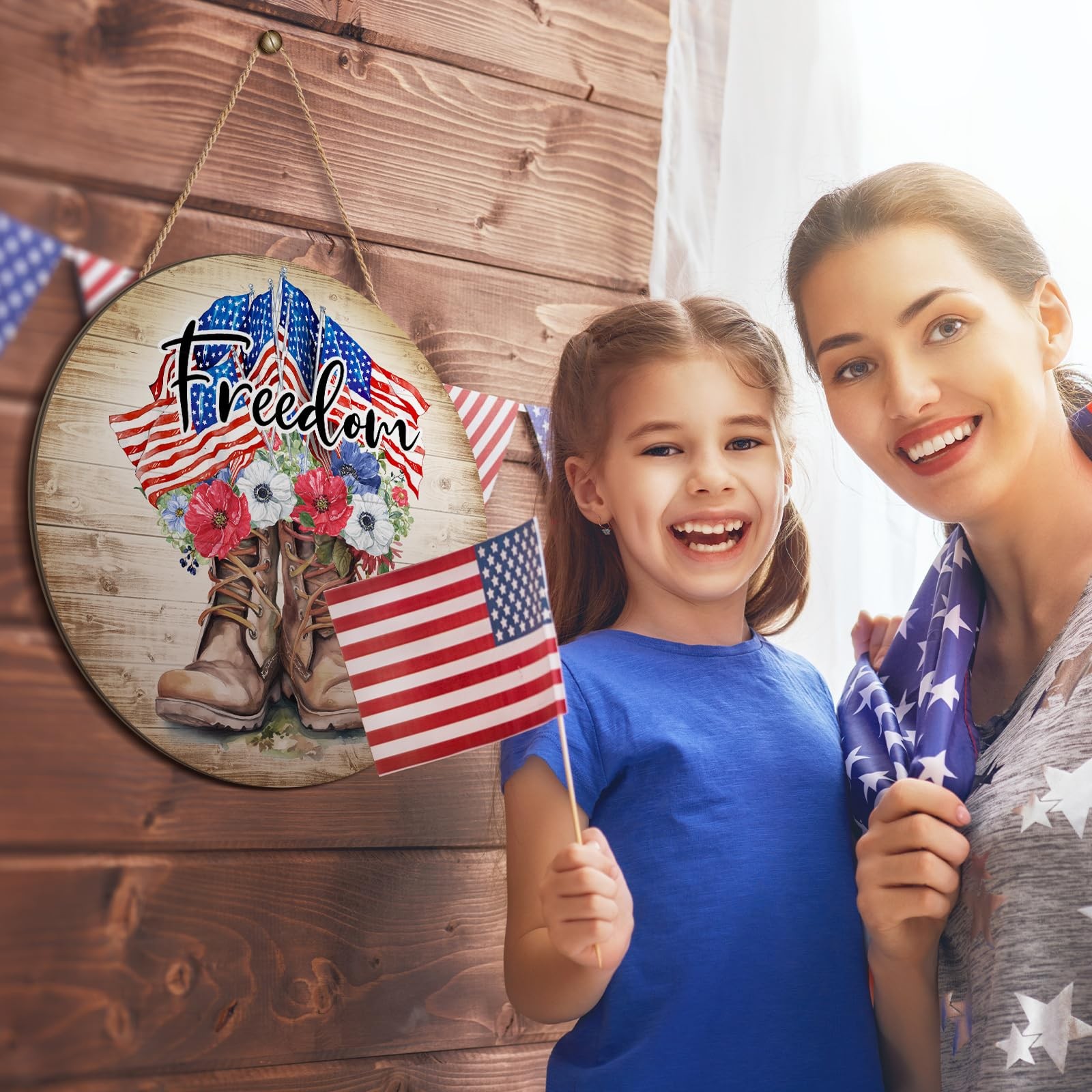 Memorial Day Decorations Patriotic Front Door Sign American Soldier Boots Hangin