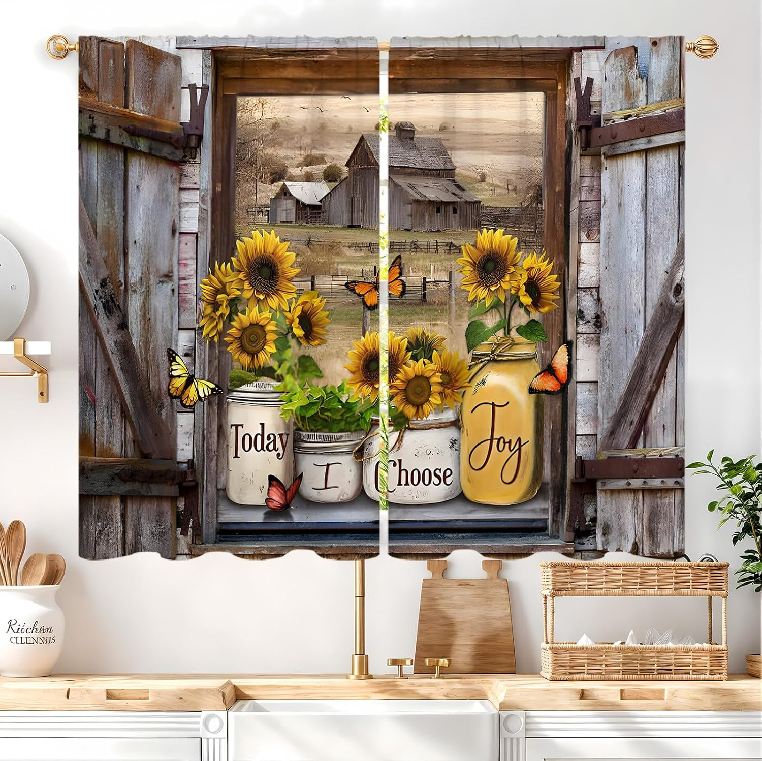 Sunflower Vintage Country Kitchen Curtains 27.5W X 39L Inch 2 Panels Rod Pocket-