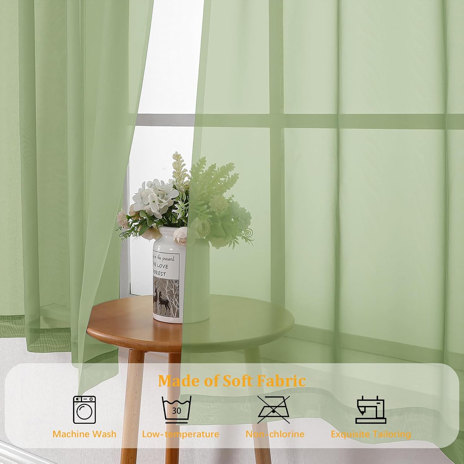Light Green Sheer Curtains 84 Inches Long 2 Panels Set for Living Room, Rod Pock