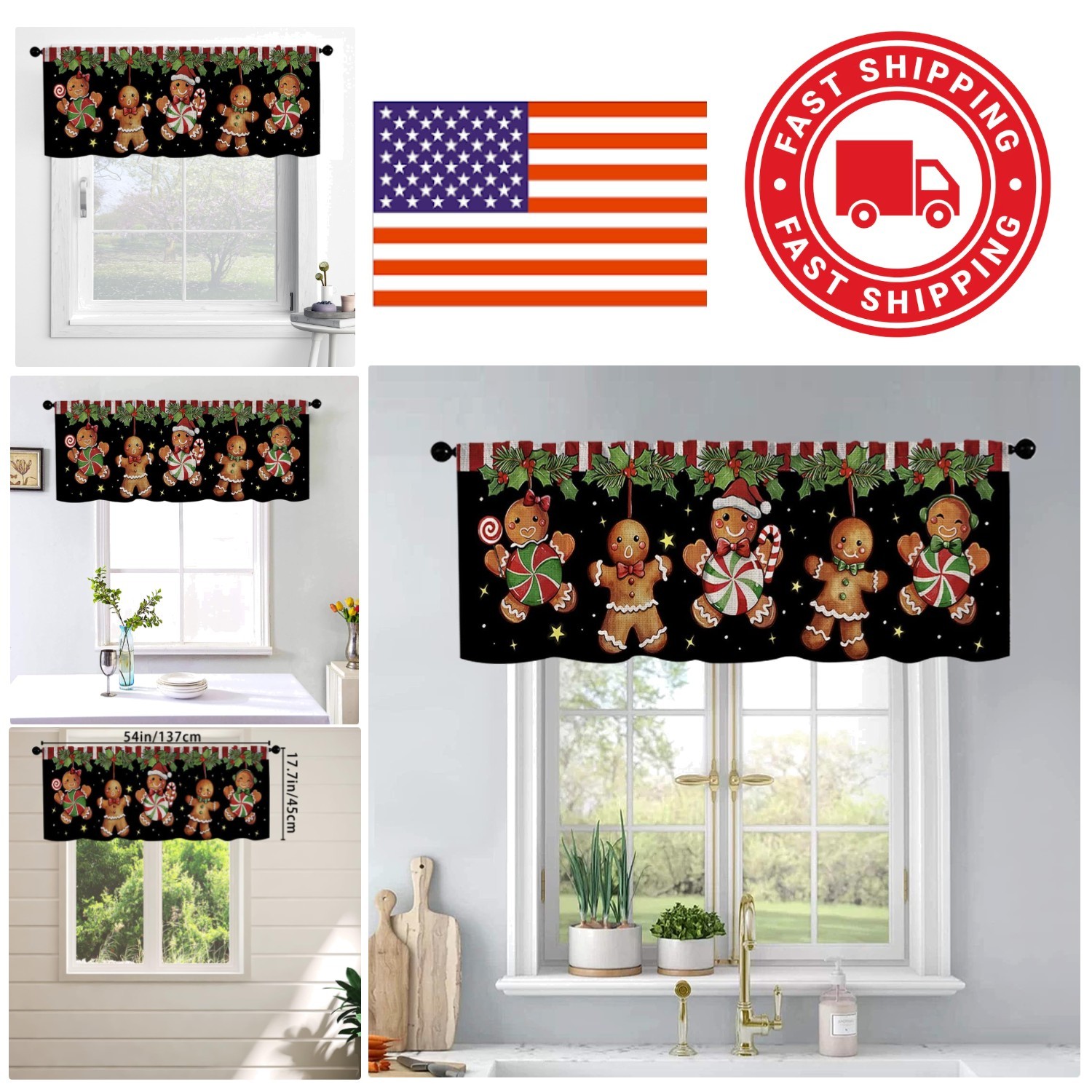 Christmas Valance Curtains Gingerbread Man Design 54×18 Inch Window Treatment