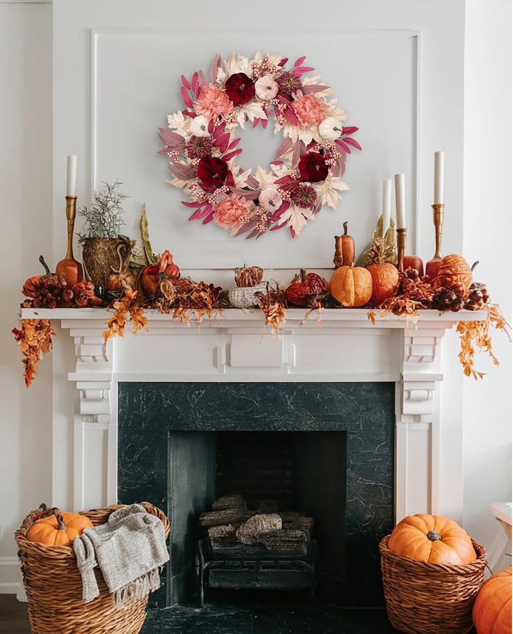Briful 26″ Artificial Fall Wreath with Velvet Pumpkins, Chrysanthemums & Pink…