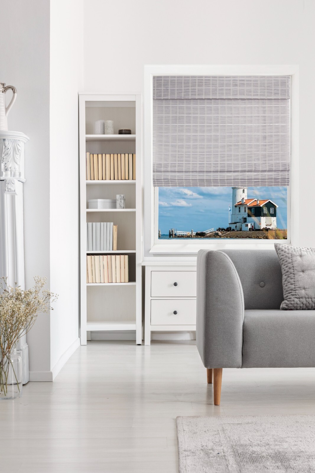 Cordless Light Filtering Bamboo Roman Window Blind Sun Shade with Valance – Gray