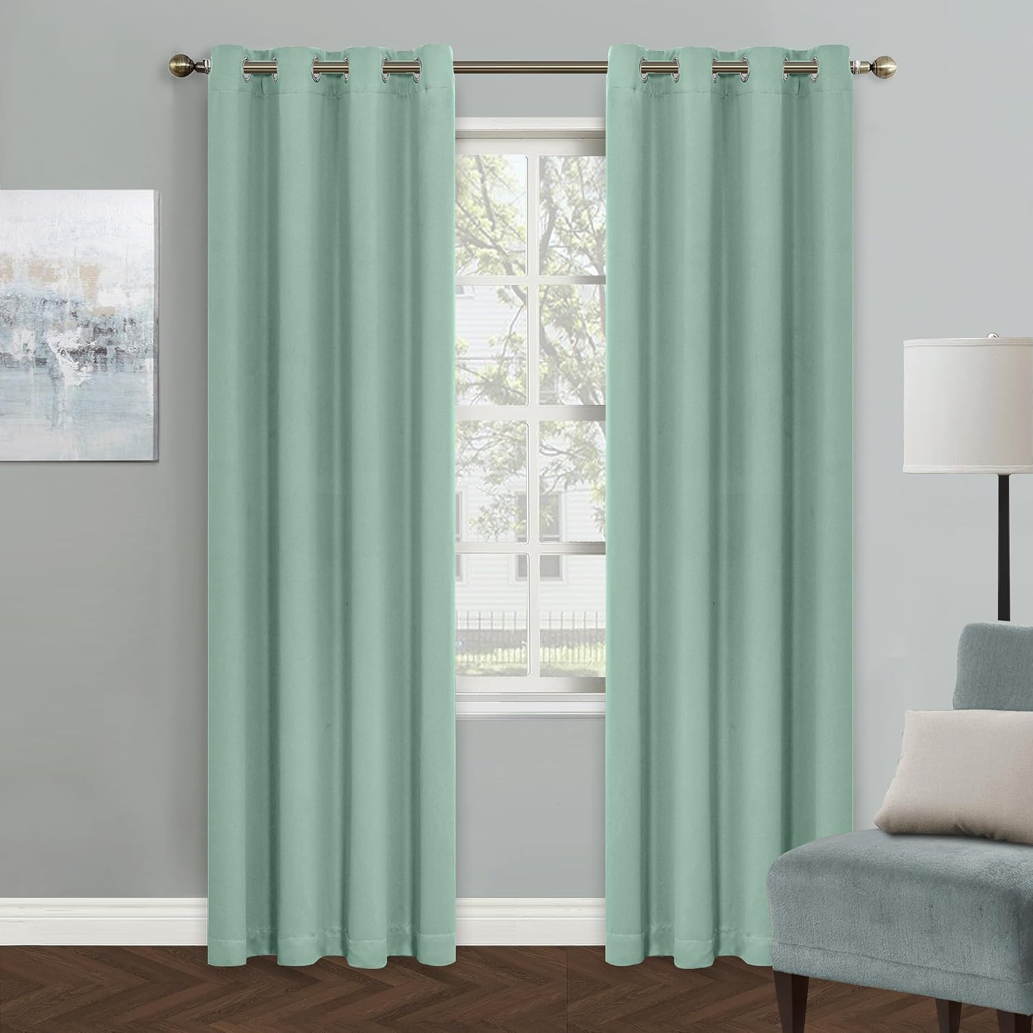Aqua Blackout Curtains for Living Room, 84 Inch Long Grommet Room Darkening Curt