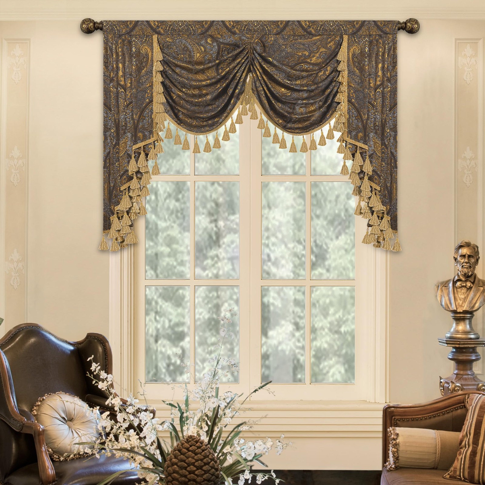 Loom And Mill Luxury Jacquard Waterfall Valance For Living Room Classic Antique