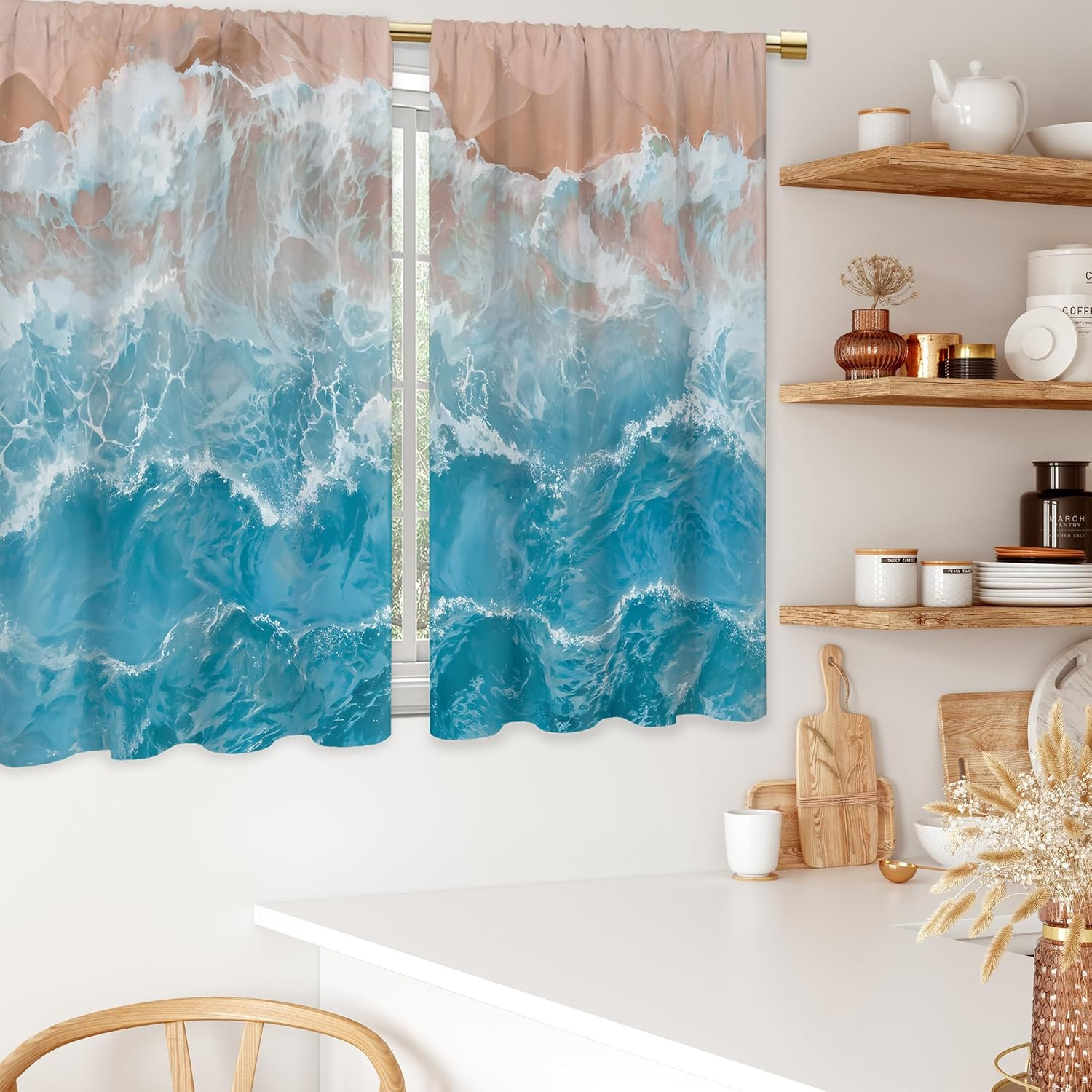 Blue Ocean Wave Bathroom Curtains Window Treatment Drapes Tier Sea Coastal Beach