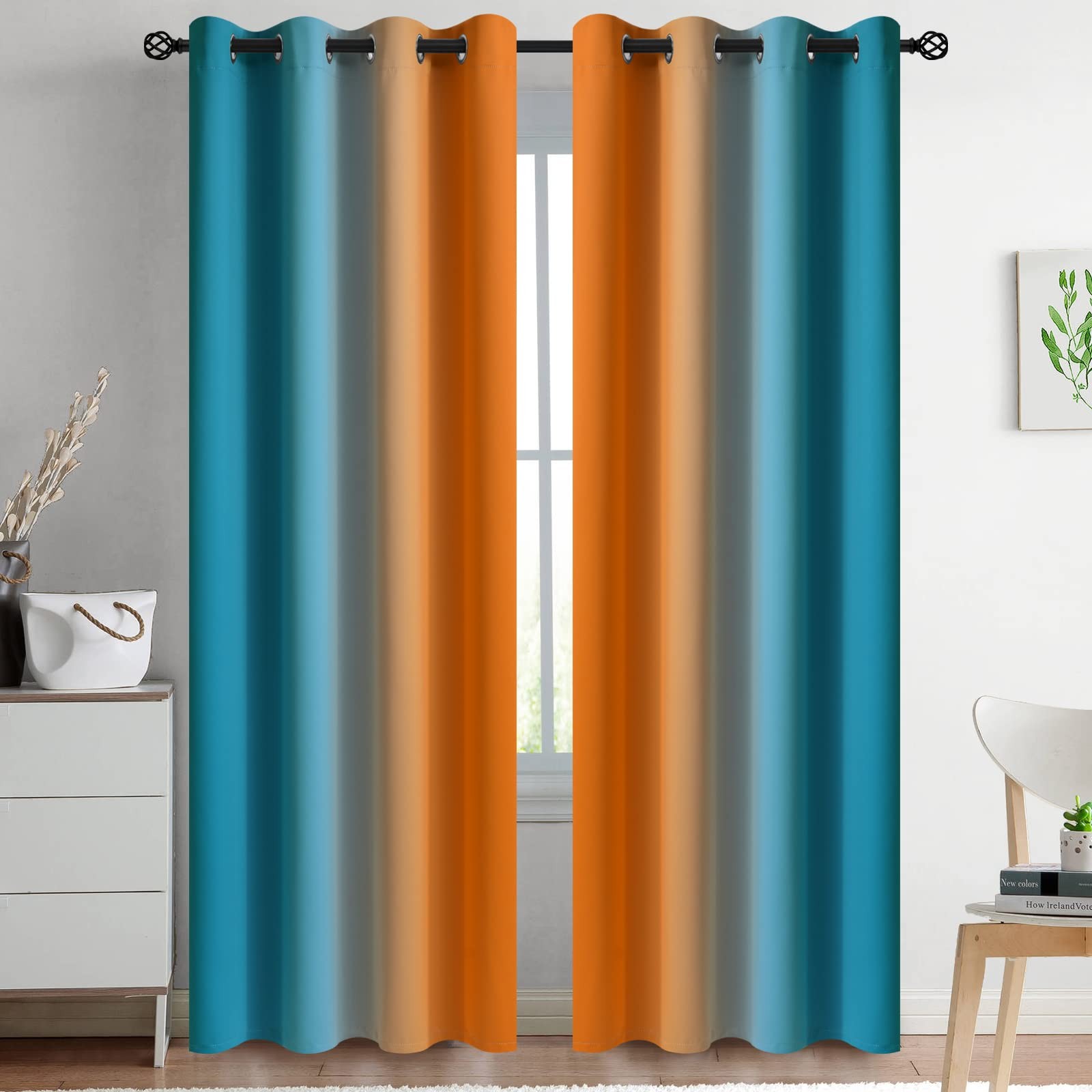 Ombre Orange and Blue Curtains for Bedroom, Gradient Room Darkening Curtains,…