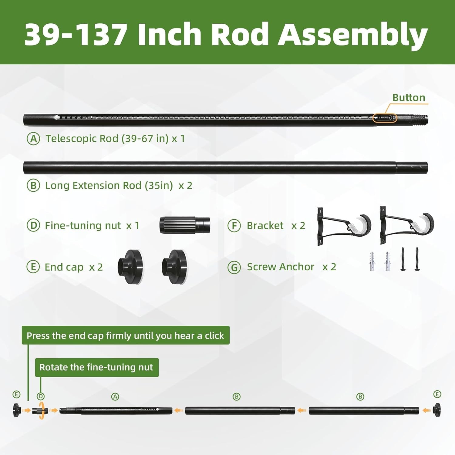 Heavy Duty Tension Curtain Rod 39-137″ (3.3-11ft) No Drilling Black