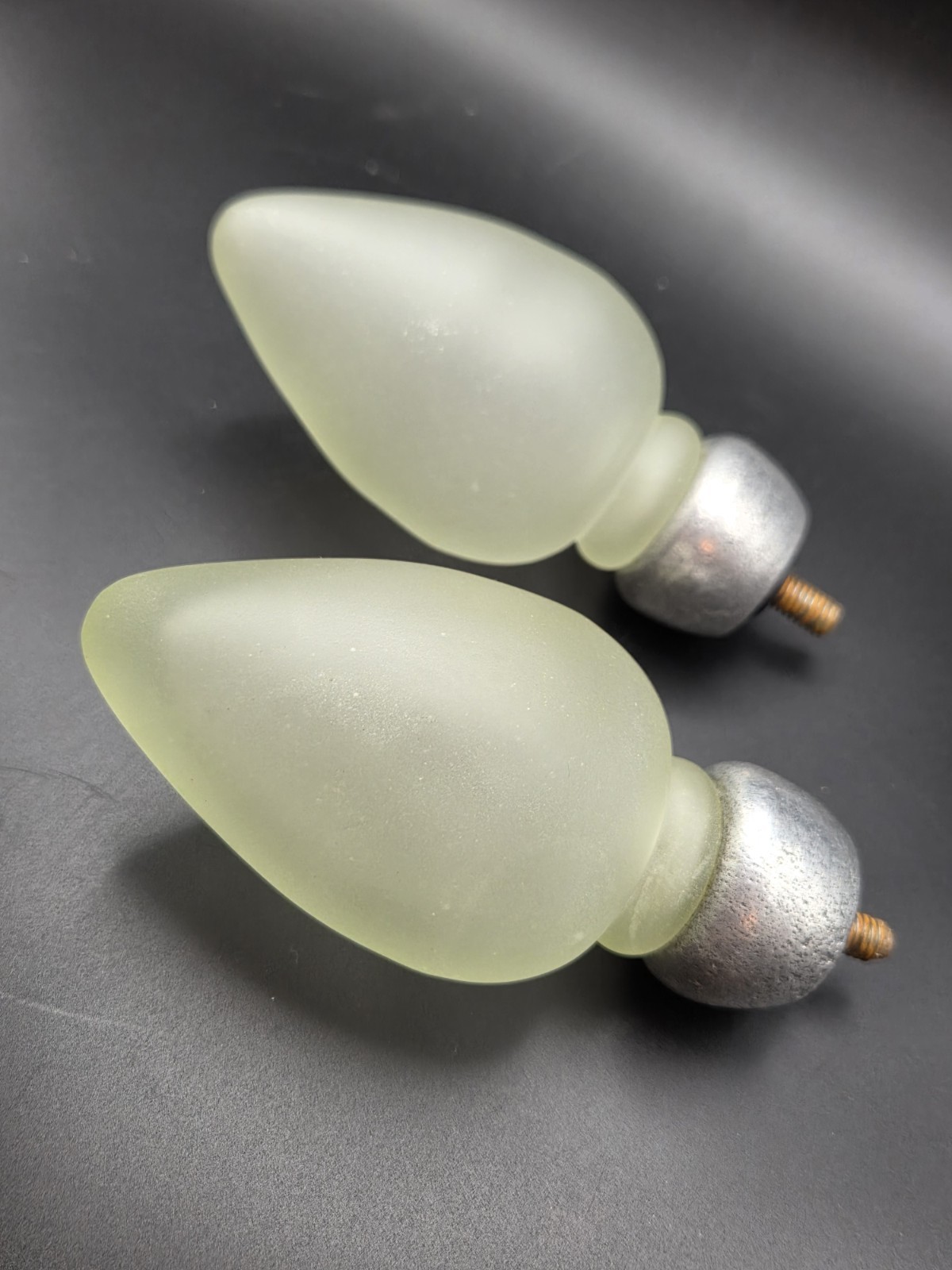 2 Pottery Barn Frosted Green Glass Pewter Style Curtain Rod Finials