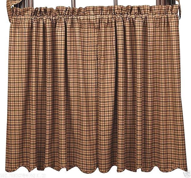 36″ Lodge Style Window Tier Set Lined Red Navy Tan Plaid Cafe Curtains Millsboro