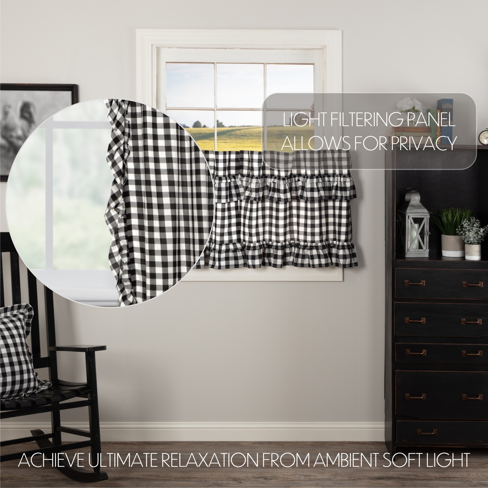 Farmhouse 24″x36″ Tier Pair Black Rod Pocket Kitchen Window Curtains VHC Brands