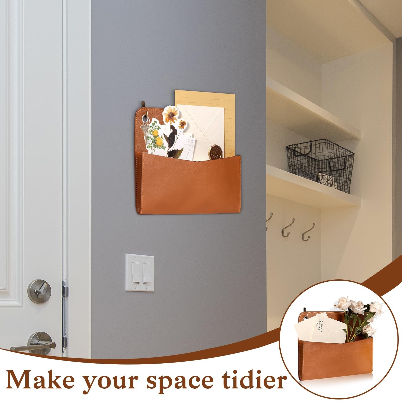 3 Pcs PU Leather Mail Holder Wall Mount Brown PU Leather Letter Holder Vintag…