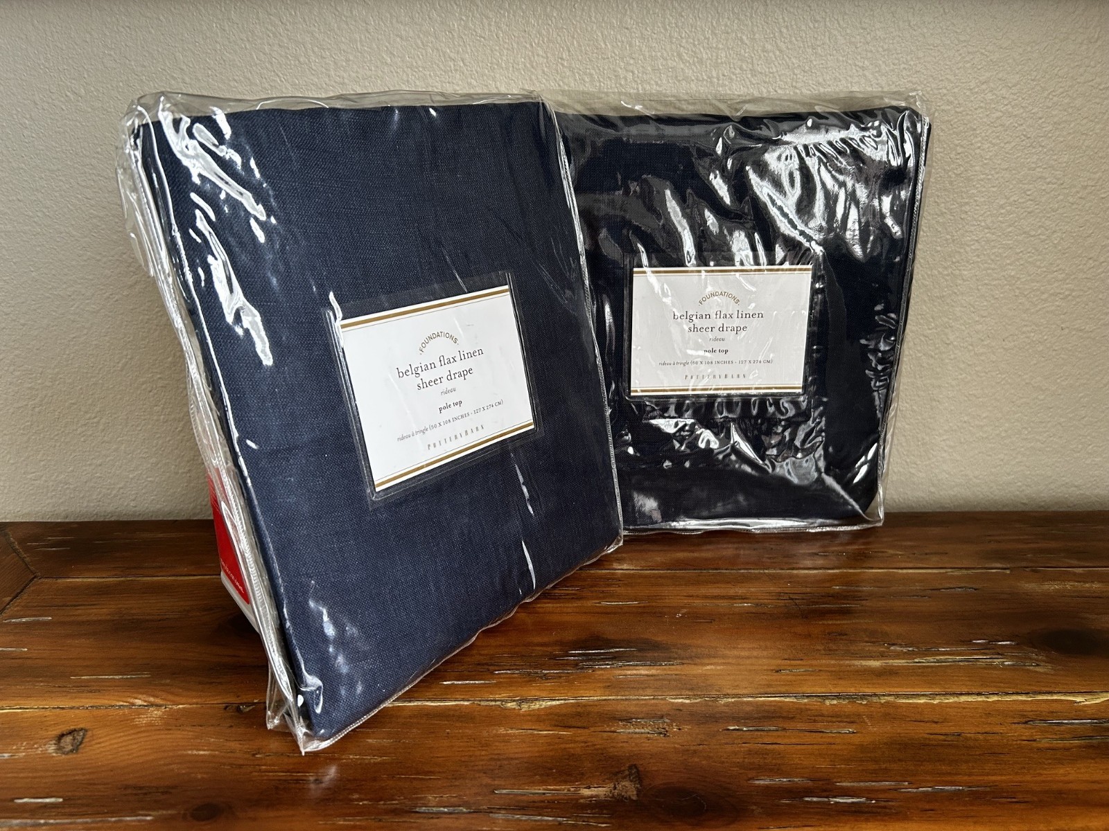 Pottery Barn Belgian Flax Linen Sheer Pole Top Drapery Panel Pair Navy 50 x 108