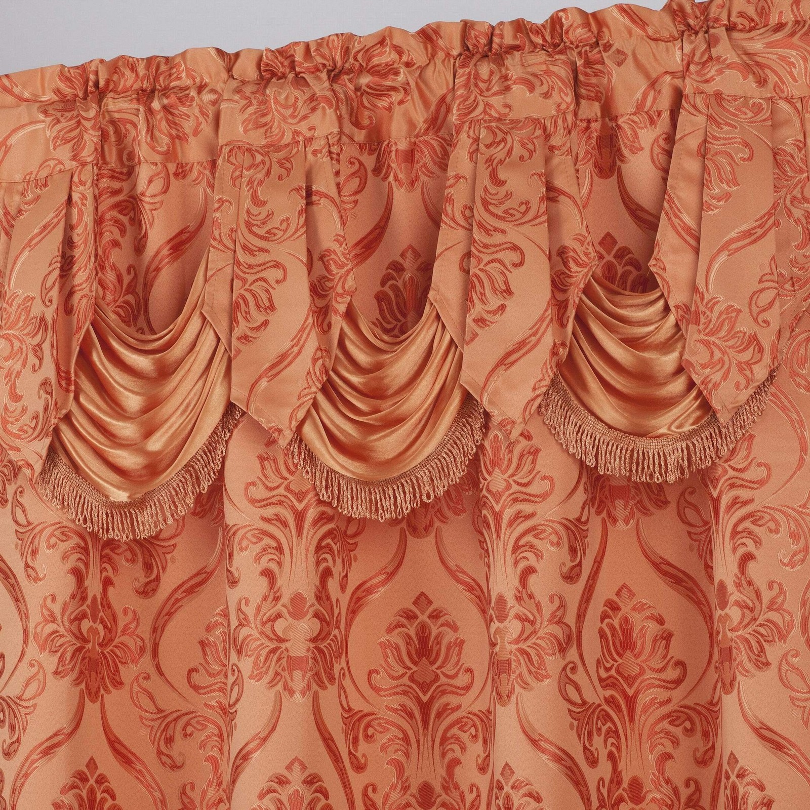 ON NEW 4 PIECE DRAPE SET WITH ATTACHED VALANCE AND SHEER WITH 2 TIE BACKS INCLUD