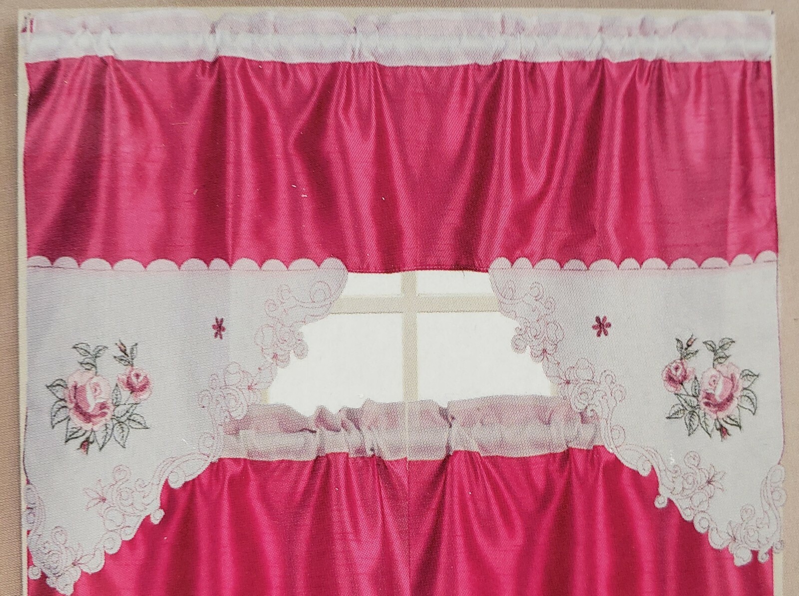 3pc. Embroidered Curtains Set: 2 Tiers & Swag (60″x36″) VIVID ROSE FLOWERS,OG,RT
