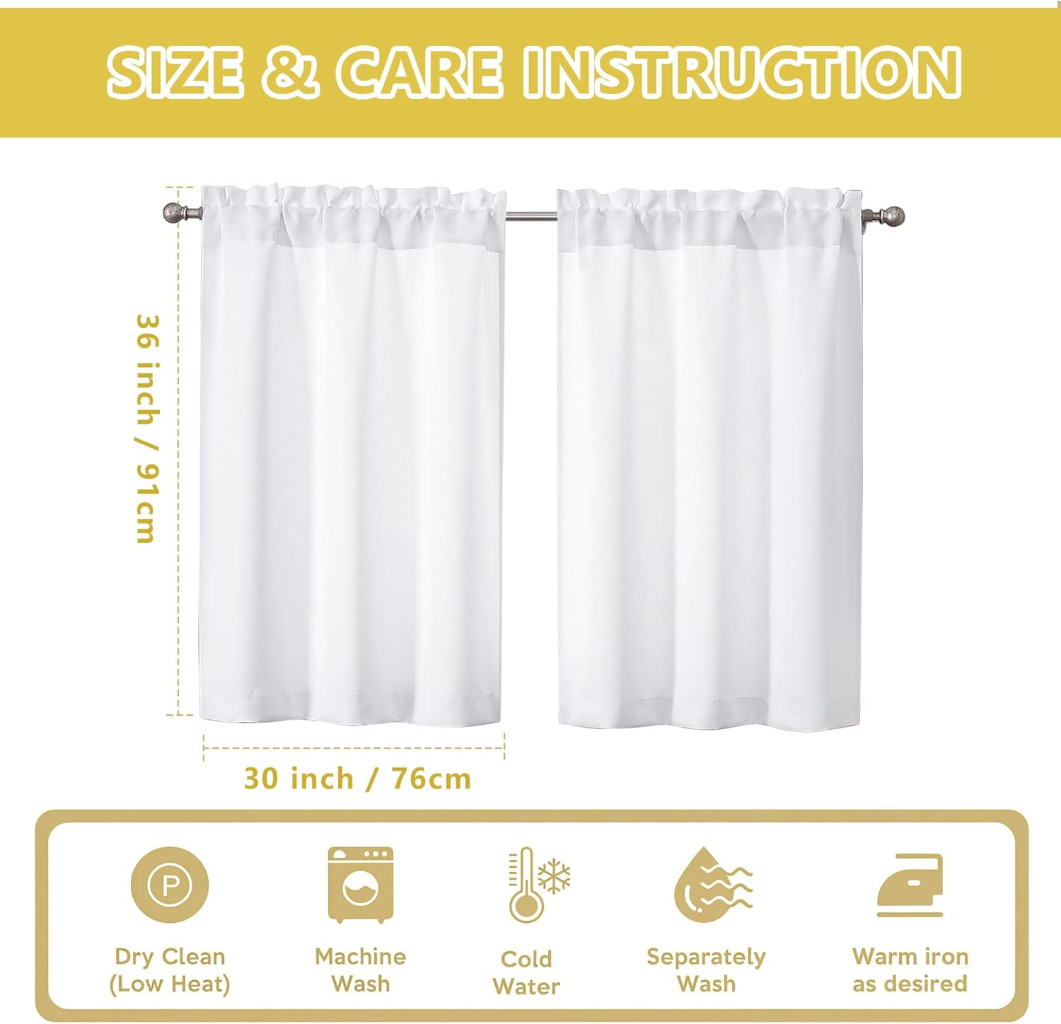 White Kitchen Curtains Tier 36 Inch Length Short for Small Window