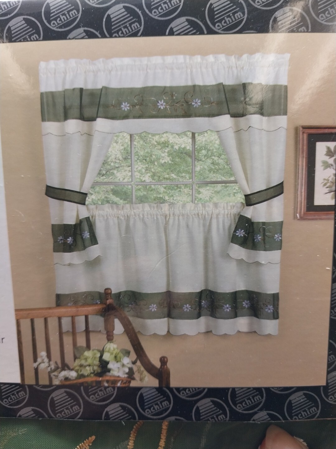 Berkshire Embellished Tailored Cottage Window Curtain Set 58x36in Green/Ivory