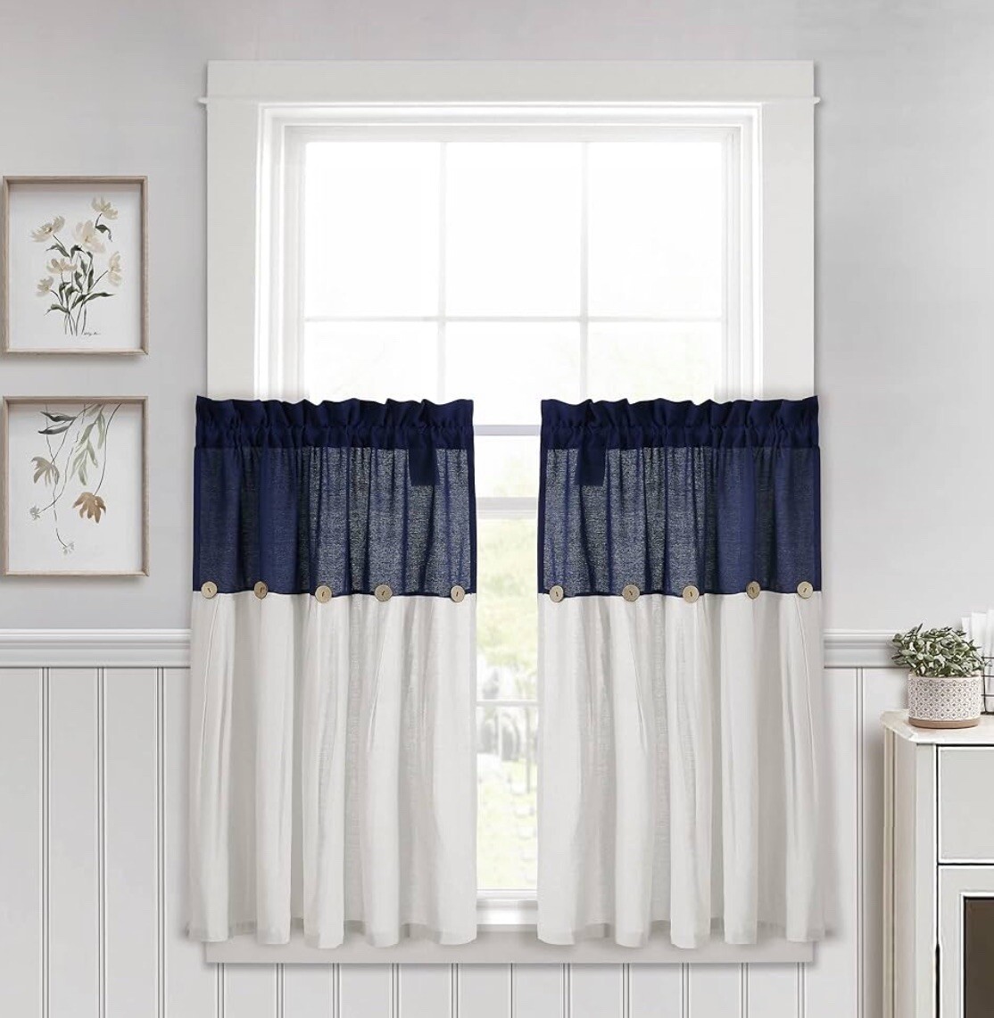 Lush Décor Two Kitchen Tiers Linen Button 29x36in Each Navy