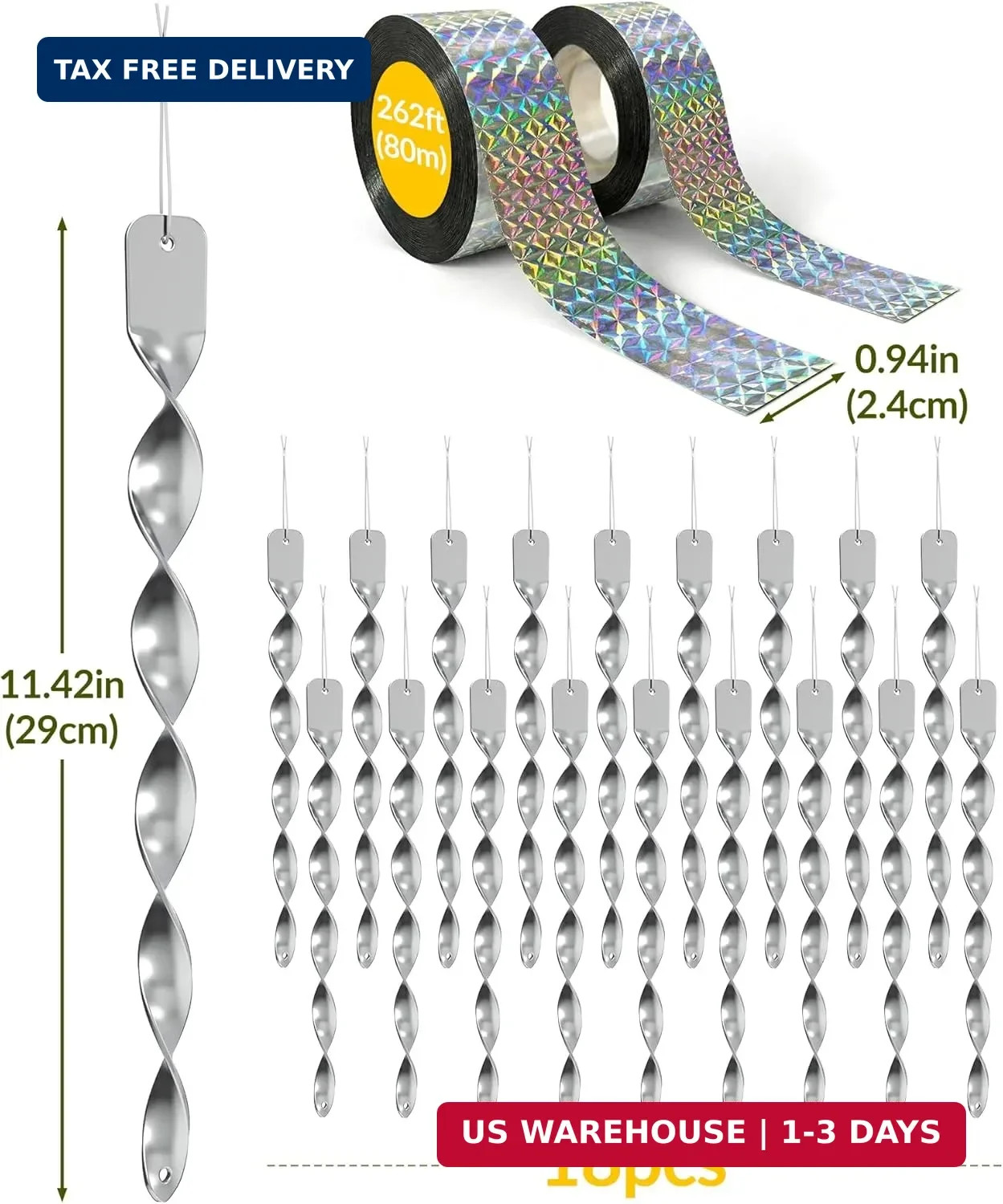 NiHome 20-Pack Spiral Bird Deterrents for Outside, Reflective Rods and Rolls to