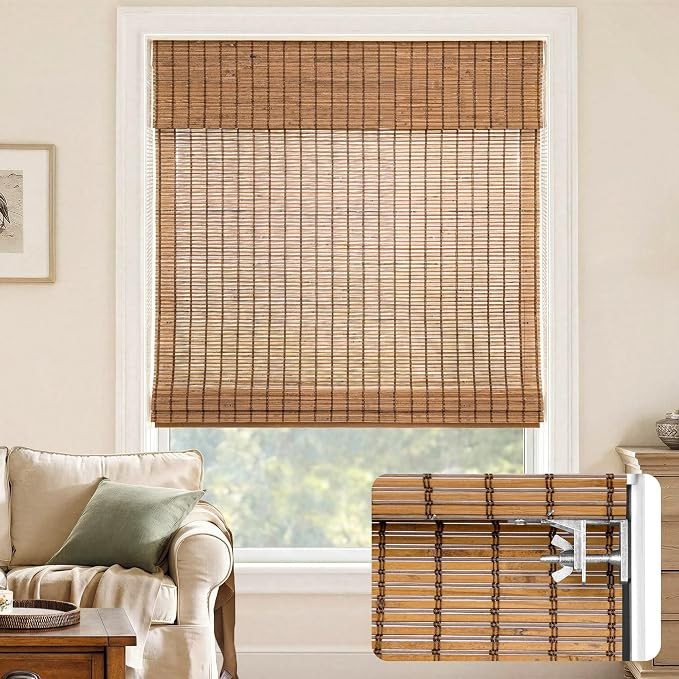 No-Drill Cordless Roman Shade 31″ W x 64″ H Malay Umber Bamboo