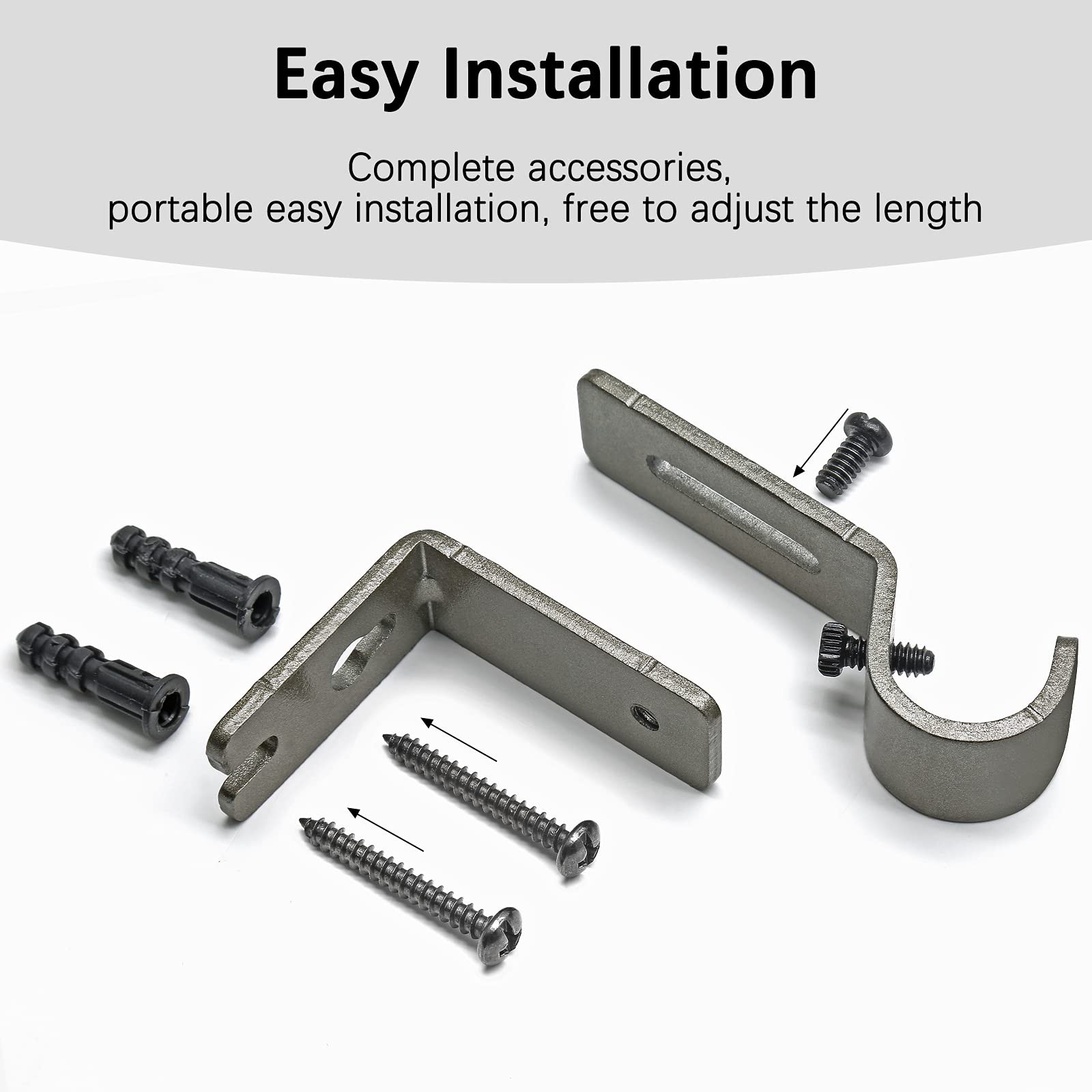 4 PCS Silver Gray Heavy Duty Adjustable Curtain Rod Brackets 5/8 to 3/4 Inch