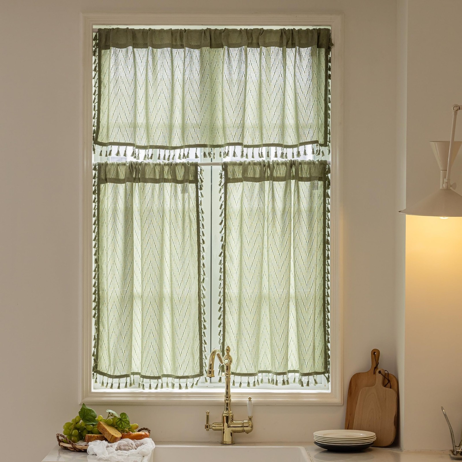 Kitchen Window Curtains Over Sink 24 Inch Length Boho Tassel Tiers Cafe Curta…