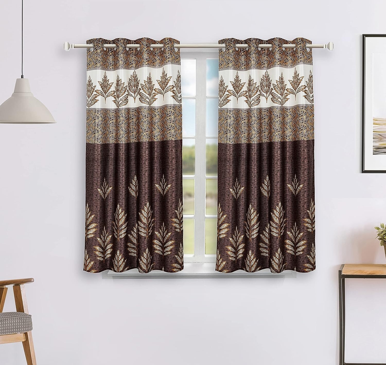 Polyester Leaf Print Window Curtain (Pack of 2, 5 Feet, Brown)