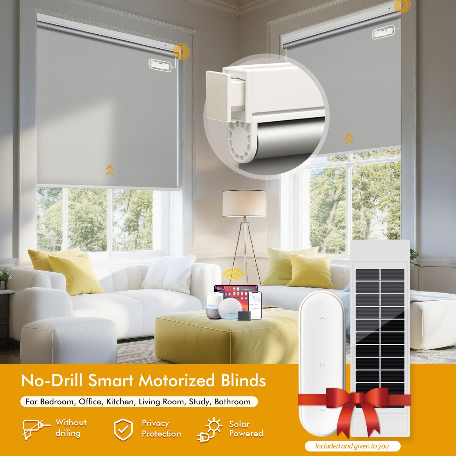 Cordless No-Drill Motorized Roller Blinds with Remote Control Solar Panel Includ