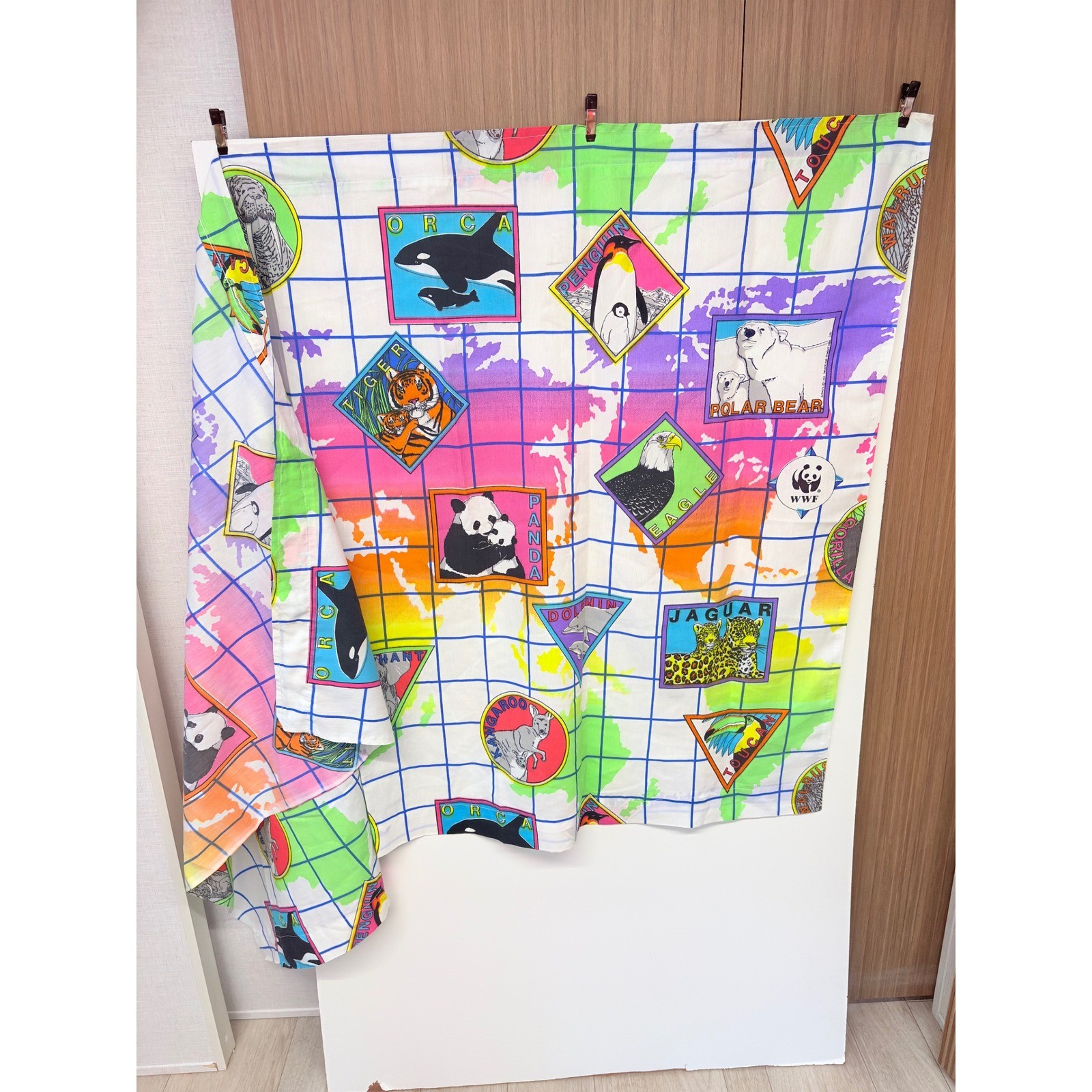 WWF Vintage 90s Rare Animal Map 4 panel Curtain Multi Color Retro Decor Wildlife