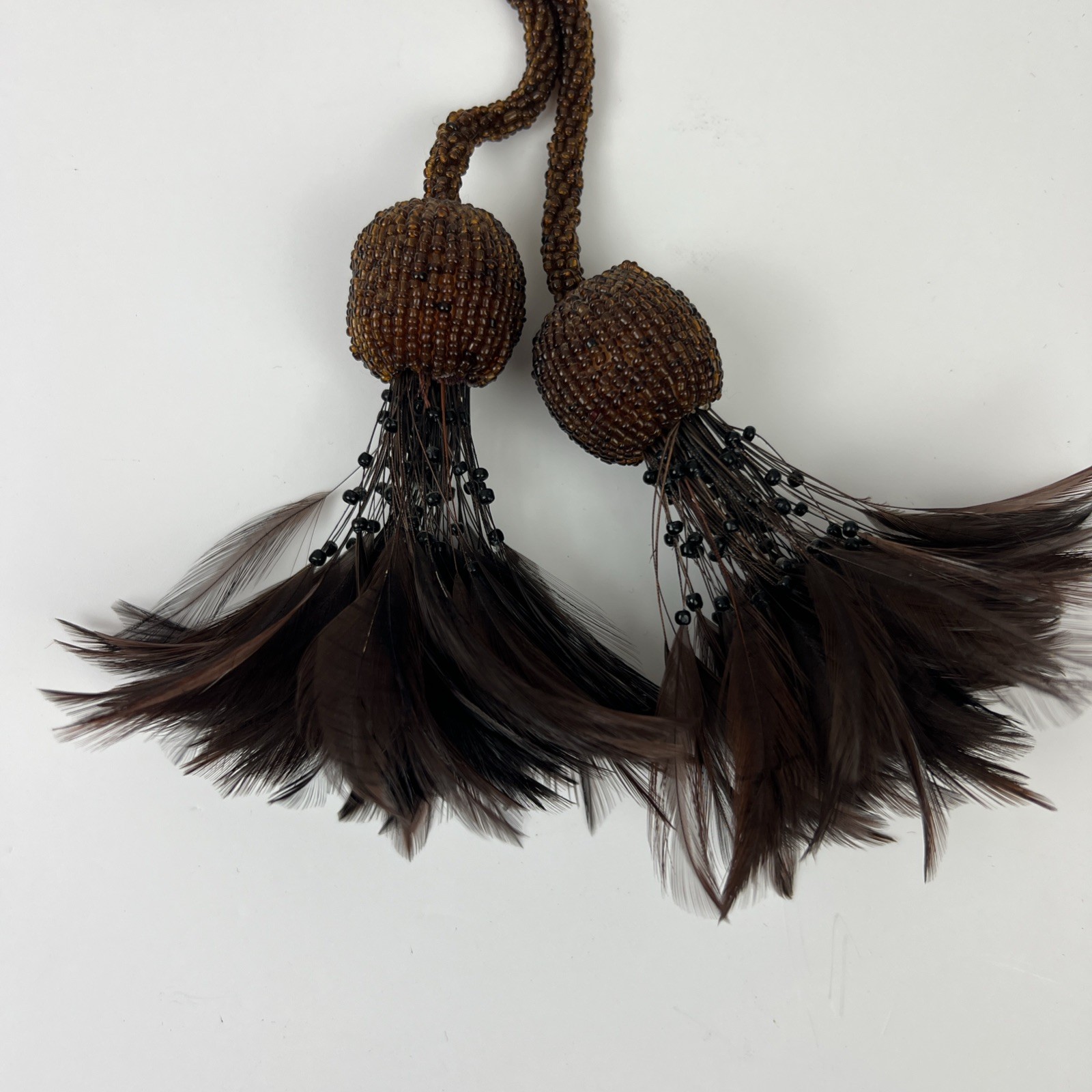 Beaded Tieback with Feathers, Color Mocha Brown Exotic Feather Design 5″ Double