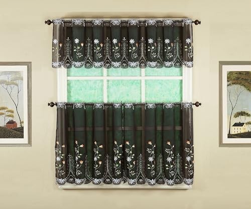 , Sorento Embroidered Sheer Tier 24″, 59″W x 24″L (Pack of 1) Black / Multi