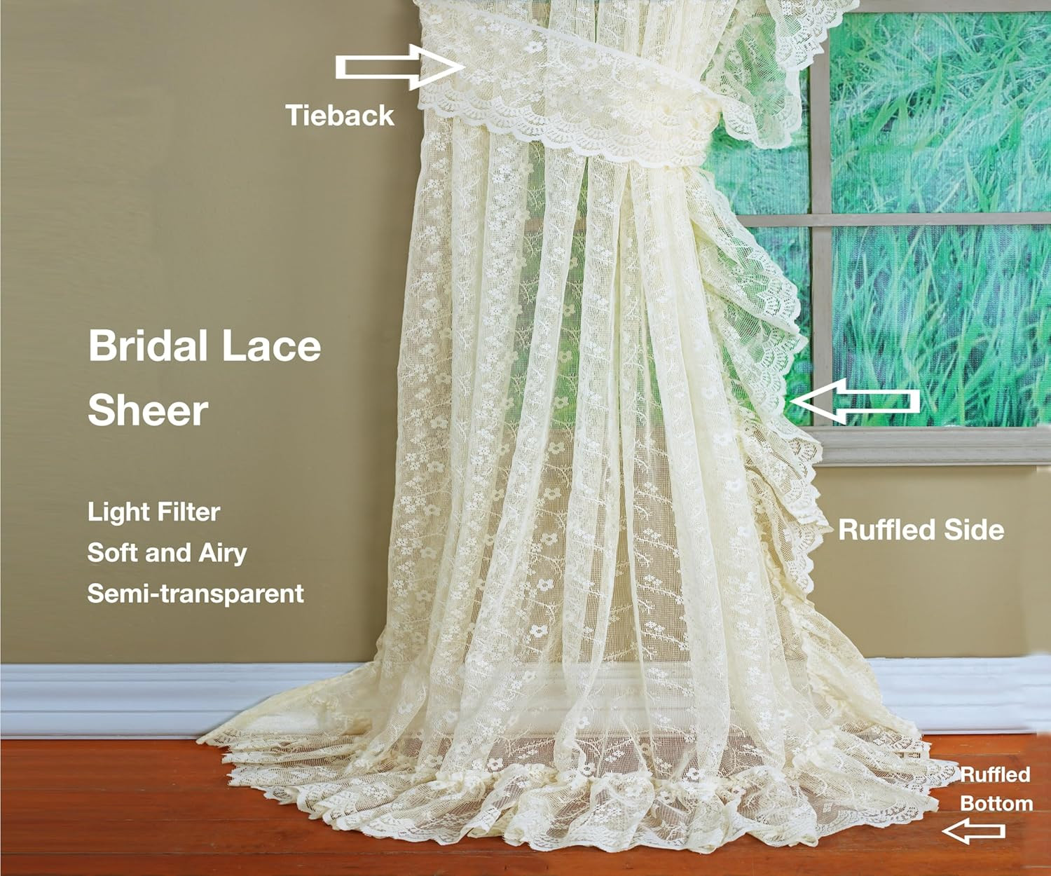 Ivory Priscilla Lace Ruffled 5-Piece Bridal Curtain Set, 84″ Length